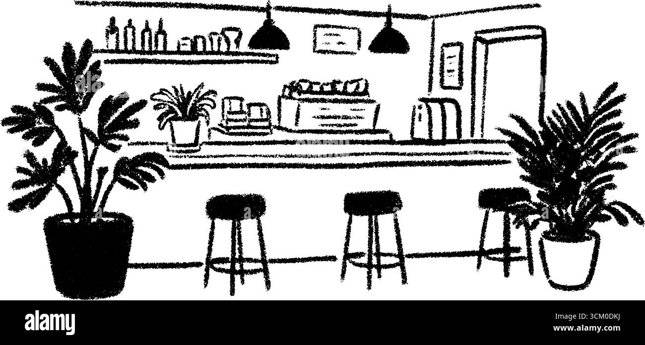 Croquis d'un restaurant moderne et décontracté avec sièges ouverts et décor végétal. Illustration de Vecteur