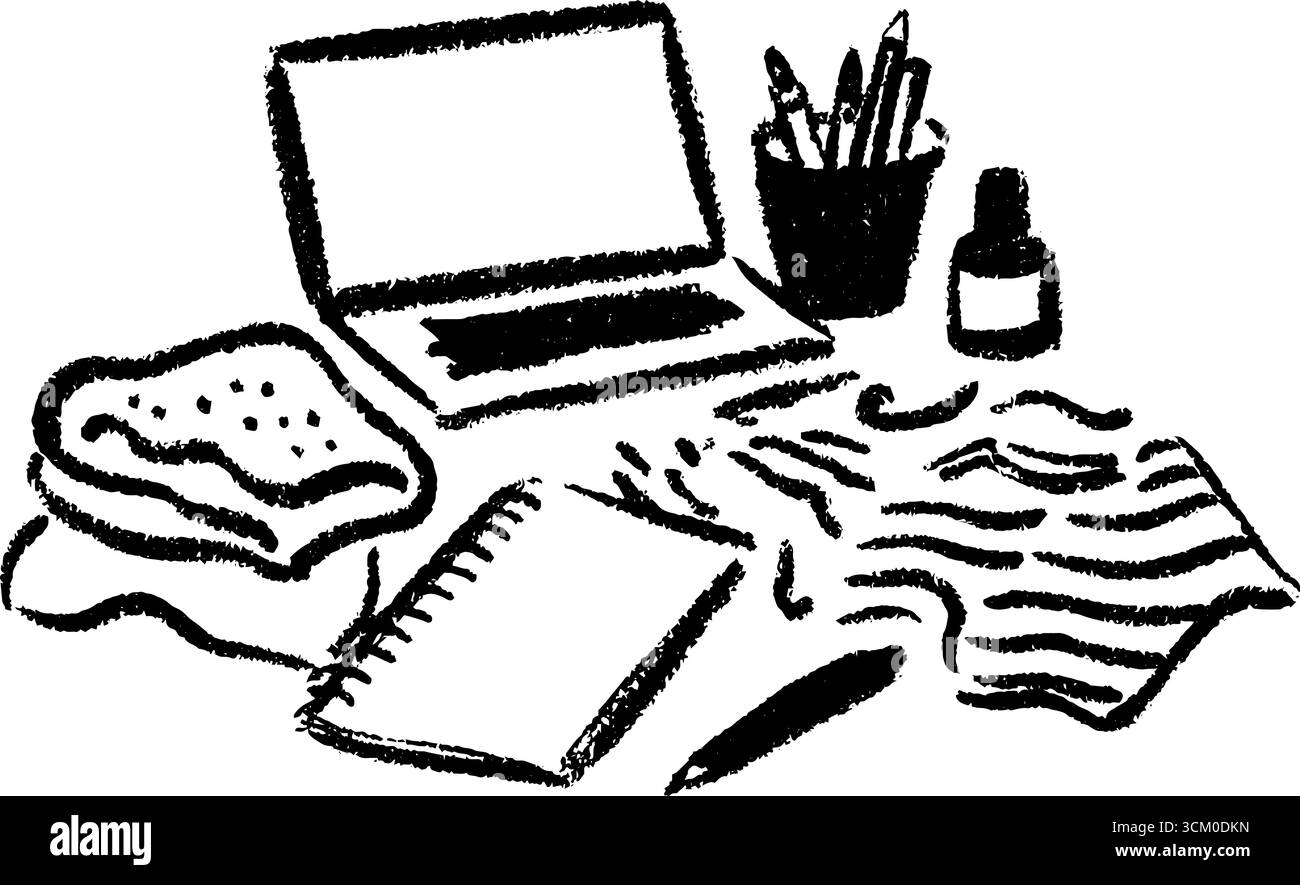 Station de travail de créateur de mode dans le style croquis avec des outils et des tissus pour l'inspiration créative. Illustration de Vecteur