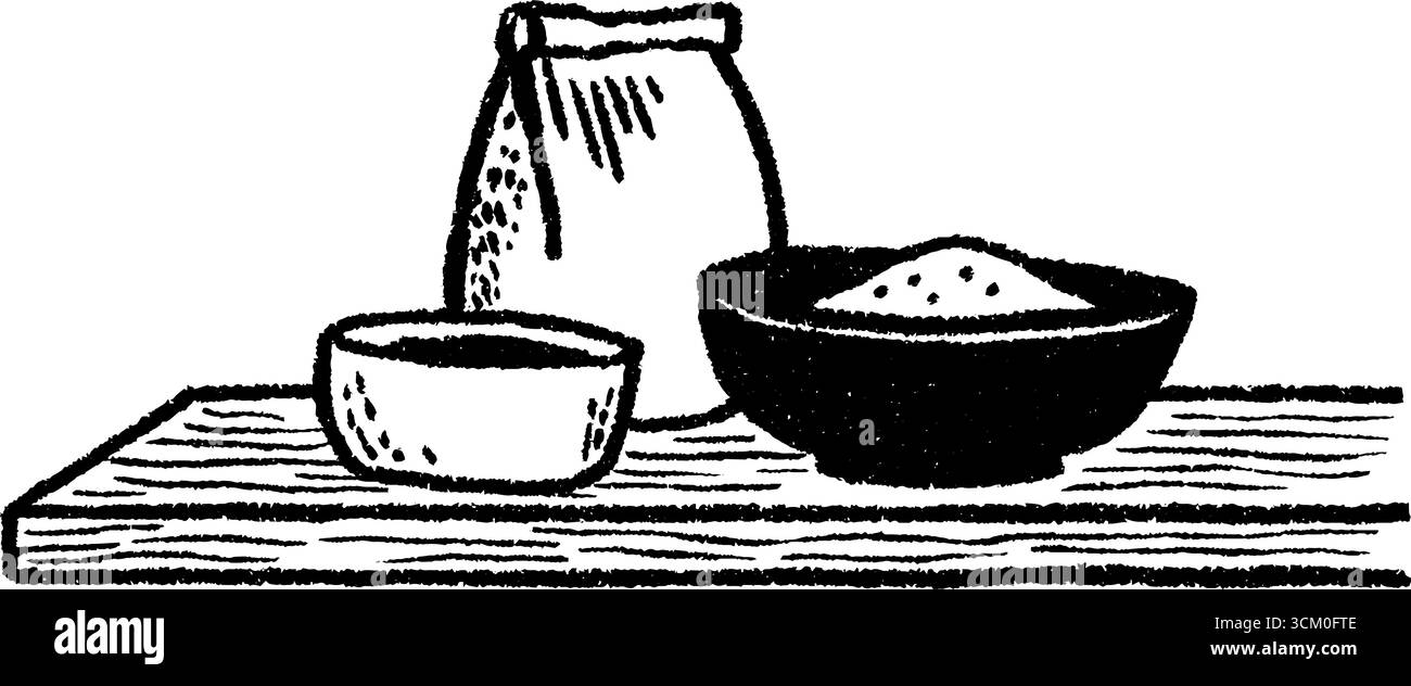 Surface de préparation de cuisine rustique avec sac de farine ouvert et bols. Illustration de Vecteur