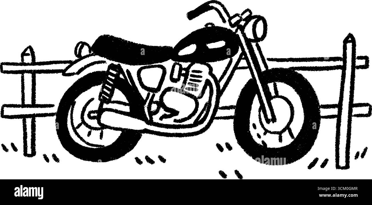 Croquis de moto classique garé par clôture de bord de route avec rail. Illustration de Vecteur