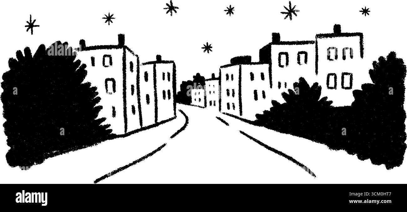 Scène de rue calme de nuit avec des fenêtres et des étoiles brillantes. Illustration de Vecteur