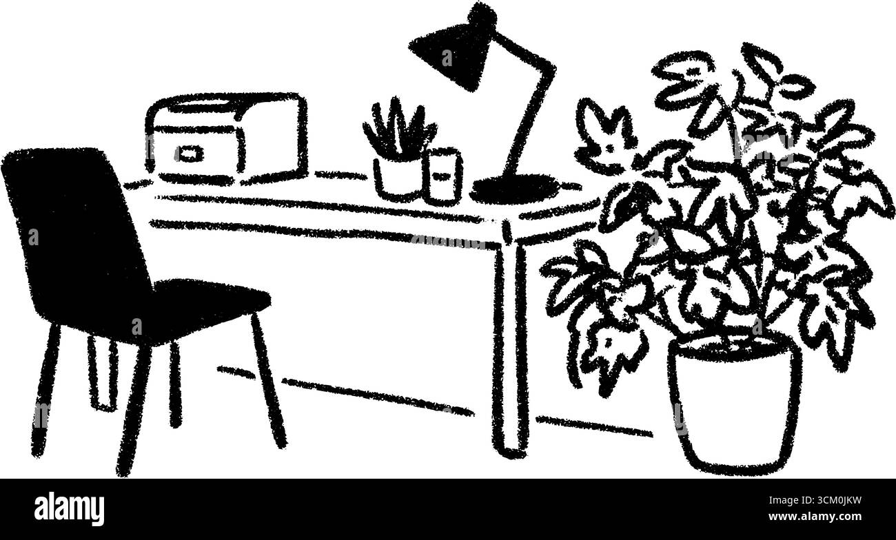 Installation confortable de bureau à domicile avec imprimante et plantes d'intérieur. Illustration de Vecteur