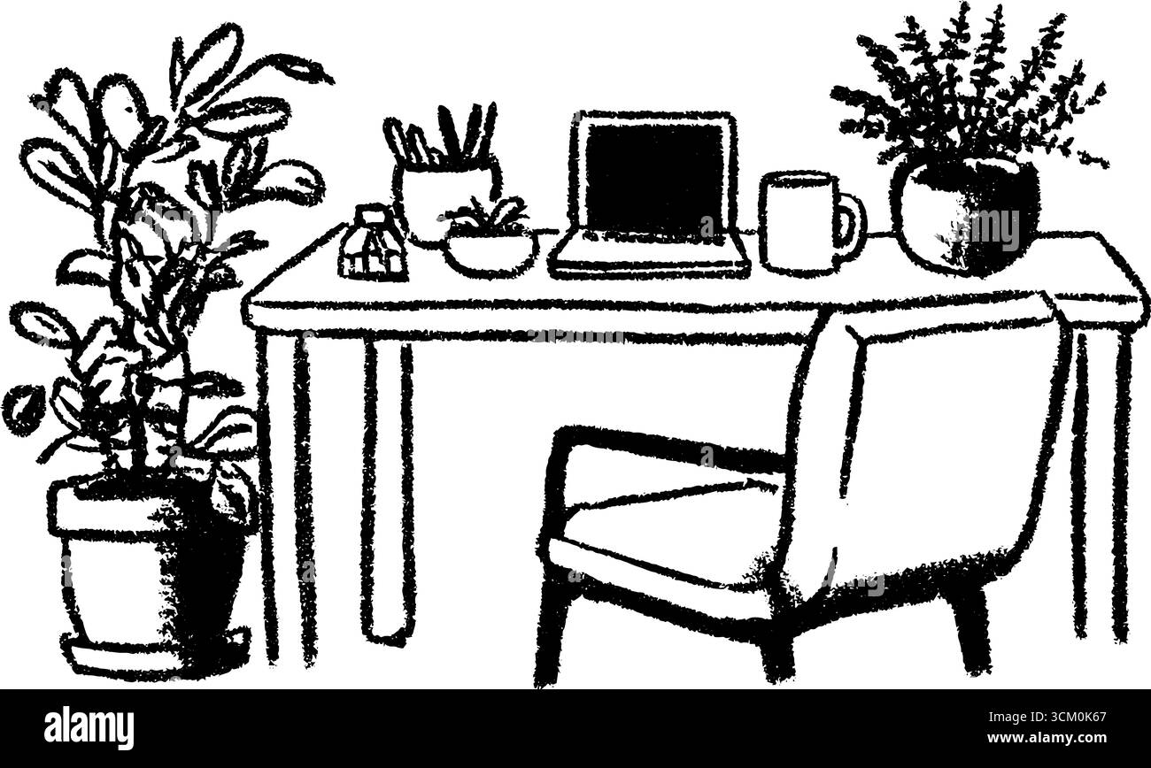Croquis confortable de l'espace de travail grenier avec des plantes et des fournitures de bureau. Illustration de Vecteur