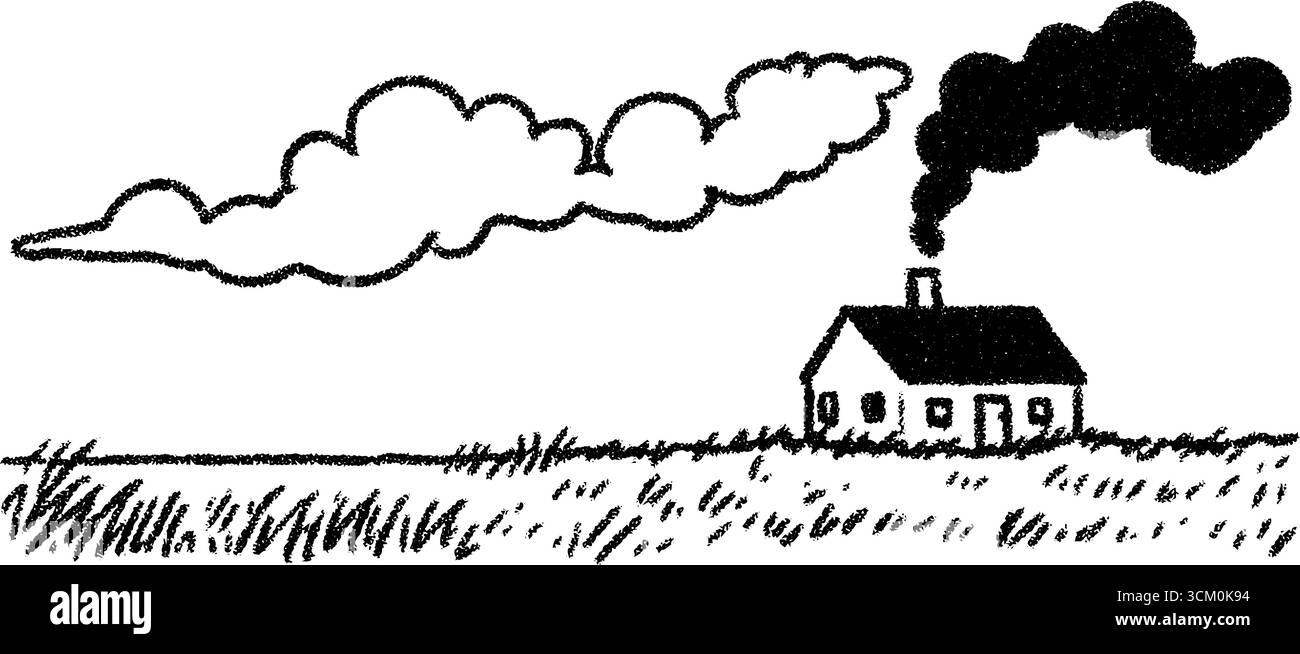 Cabine rustique avec cheminée fumée dans la scène de campagne paisible. Illustration de Vecteur