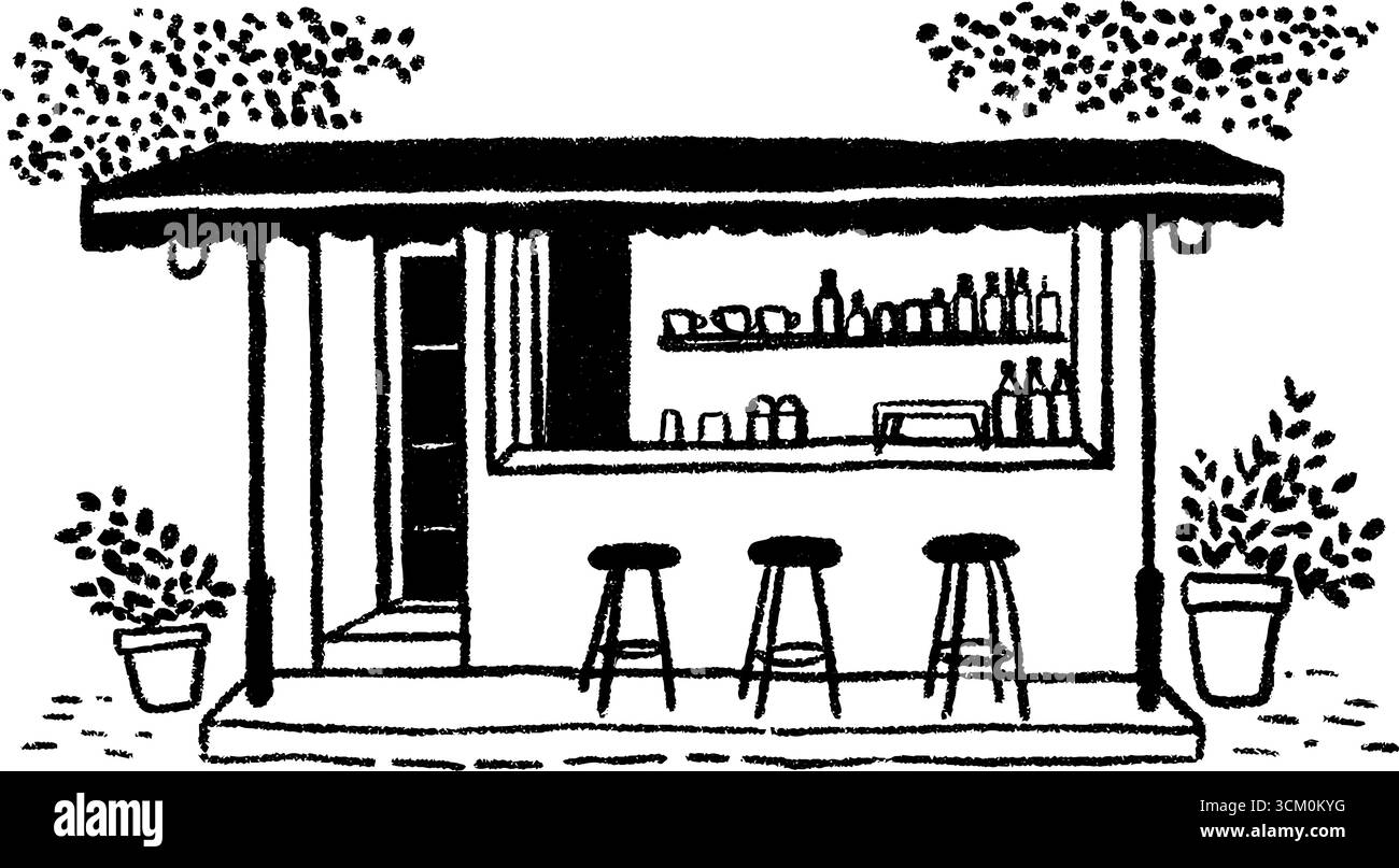 Charmant croquis d'un café de petit déjeuner côté rue avec tabourets. Illustration de Vecteur