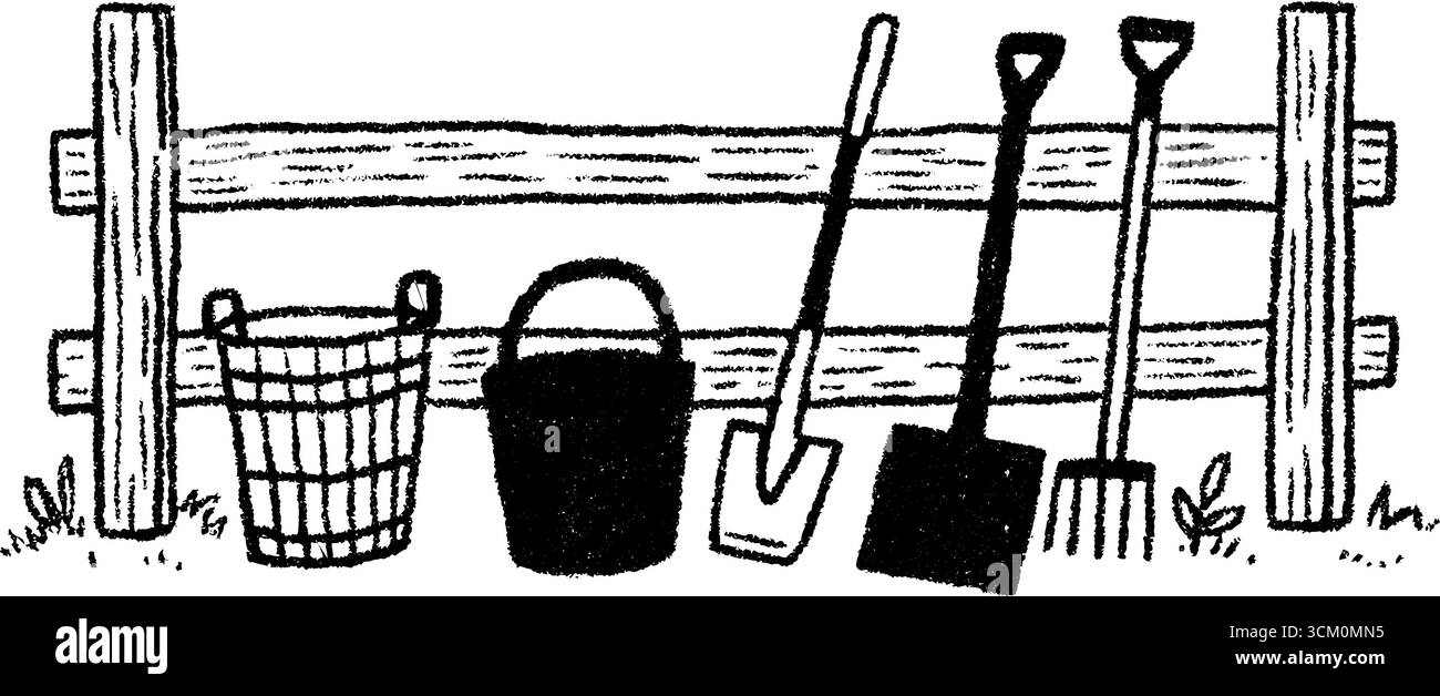 Outils de ferme rustiques contre le mur de grange - croquis de charme rural pour la décoration de la maison. Illustration de Vecteur