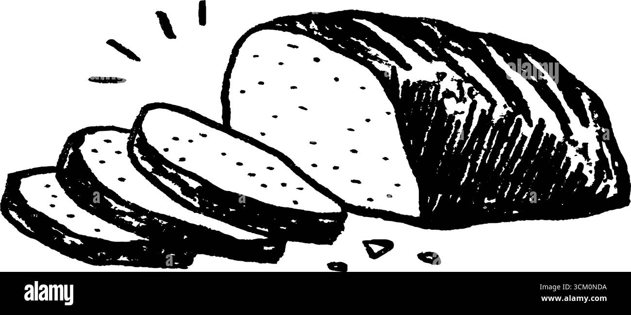Croquis de pain rustique : couper le pain avec des miettes pour le design et la décoration. Illustration de Vecteur