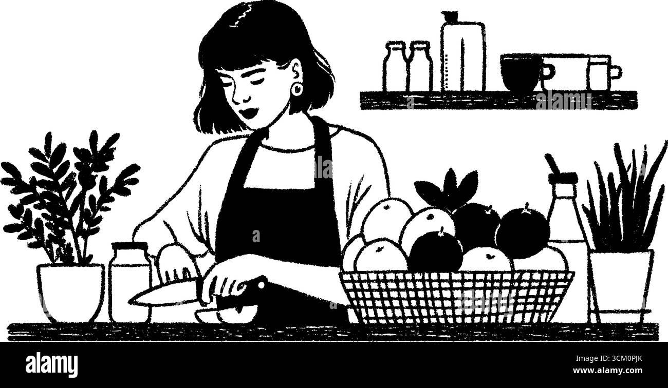 Travailleur de bar à jus tranchant des fruits dans un croquis artistique pour les cafés et les thèmes culinaires. Illustration de Vecteur