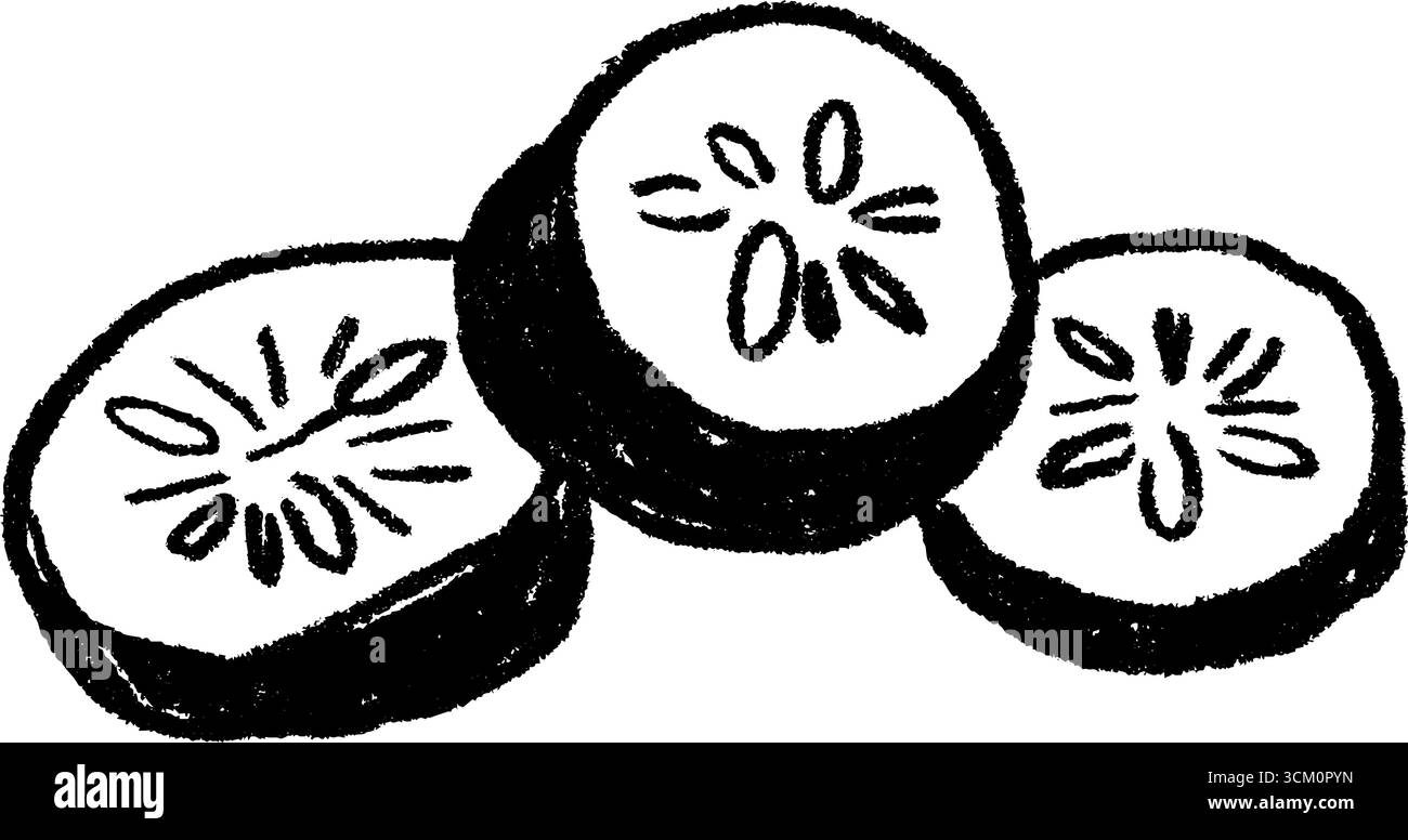 Croquis artistique de tranches de concombre noir audacieux avec détails texturés. Illustration de Vecteur