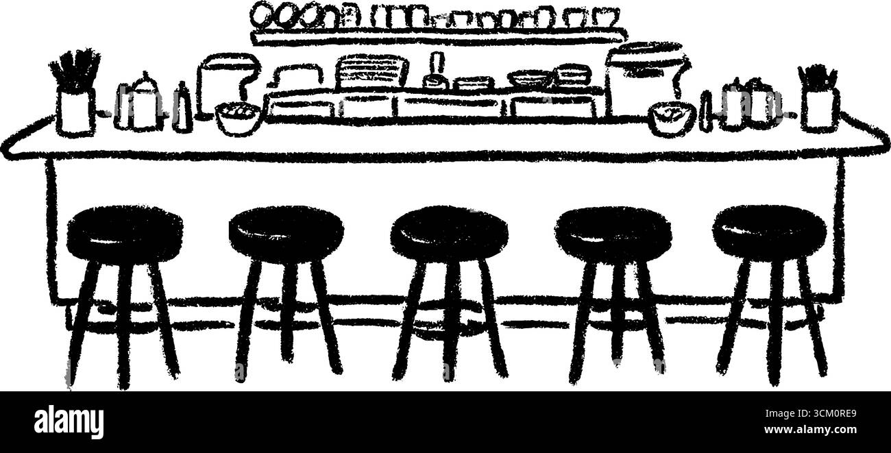 Croquis d'un comptoir à lunch rétro avec tabourets et condiments pour un design de restaurant nostalgique. Illustration de Vecteur