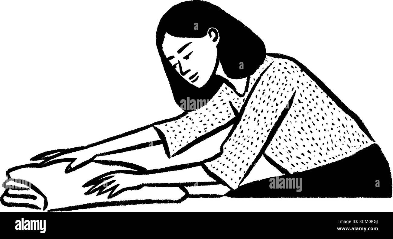 Femme de ménage rangeant les draps de lit dans la chambre d'hôtel avec une attention particulière. Illustration de Vecteur