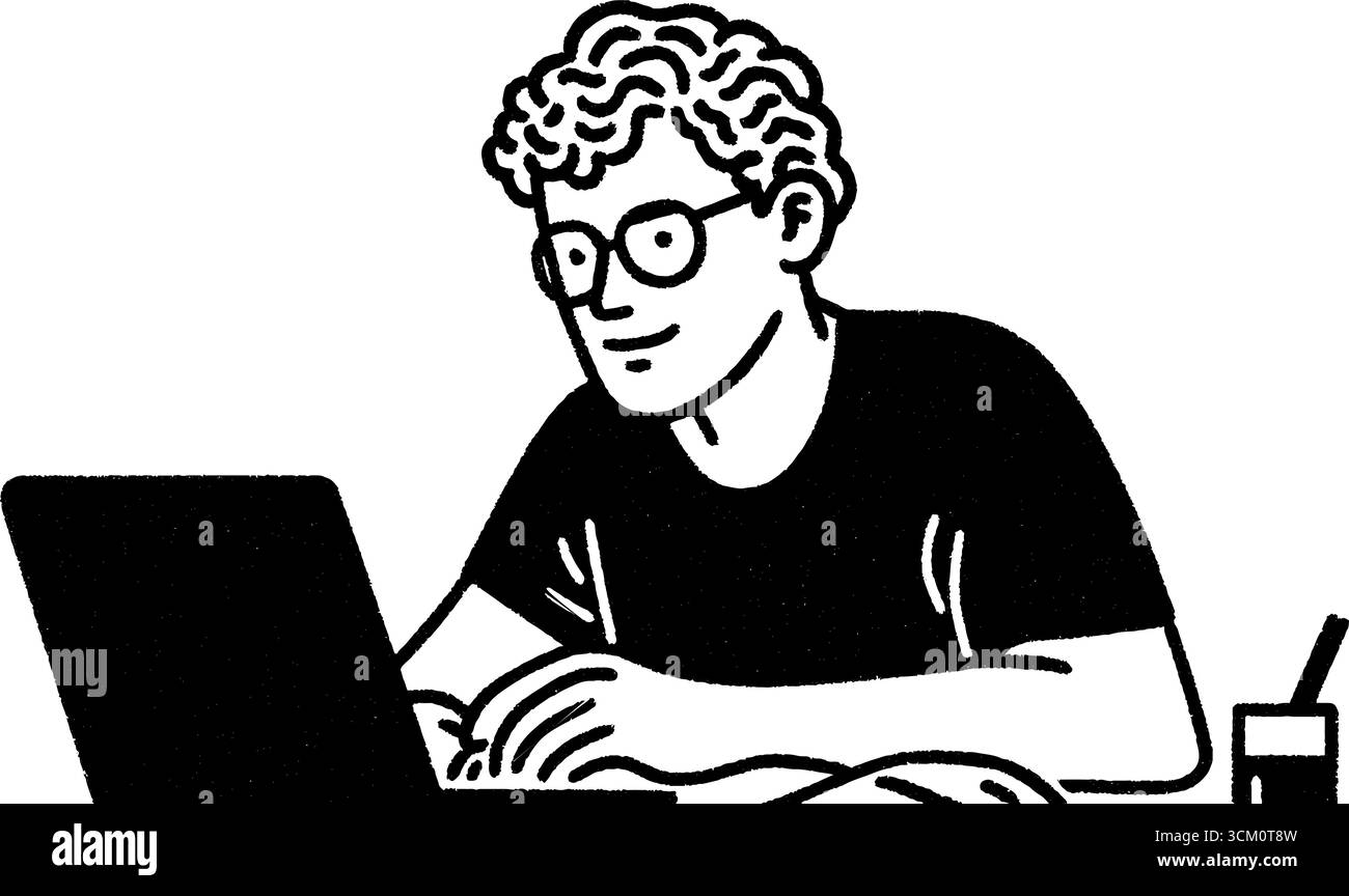 Ingénieur QA évaluant le logiciel sur ordinateur portable - croquis dessiné à la main pour les projets technologiques. Illustration de Vecteur