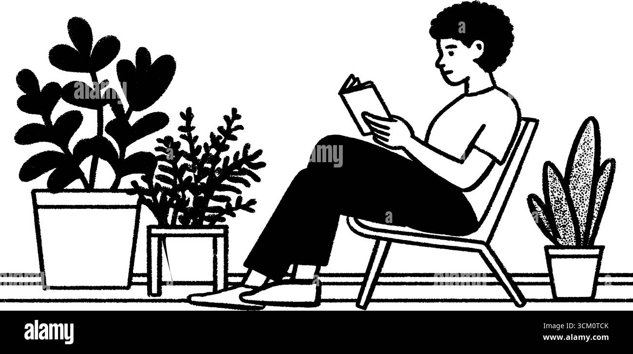 Moment de lecture paisible : croquis méditatif d'une personne avec des plantes d'intérieur pour la détente et la pleine conscience. Illustration de Vecteur