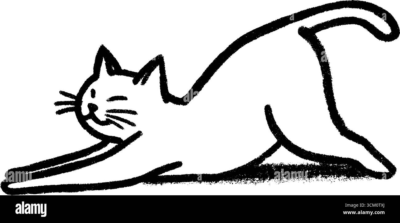 Chat ludique s'étirant avec dos arqué en dessin noir. Illustration de Vecteur
