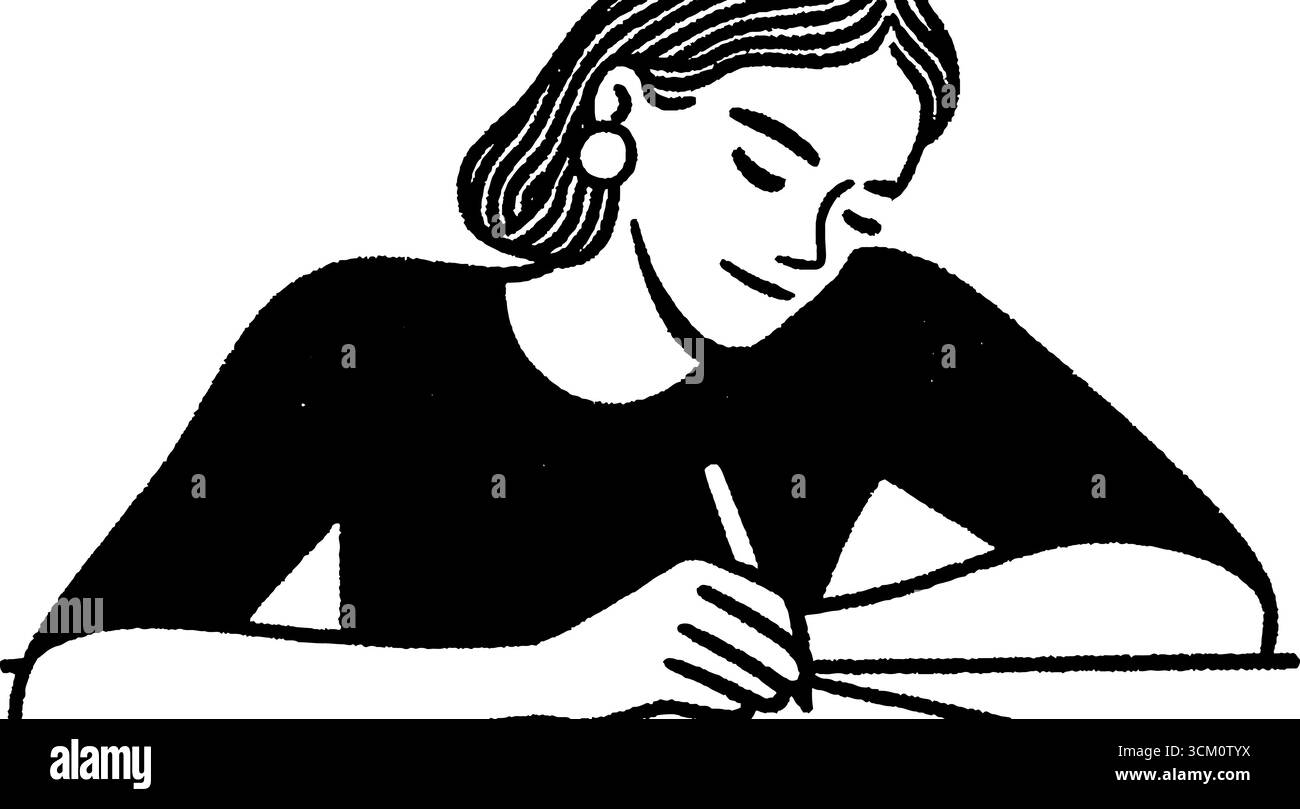 Femme prenant des notes financières avec un crayon dans l'humeur contemplative pour la planification d'entreprise. Illustration de Vecteur