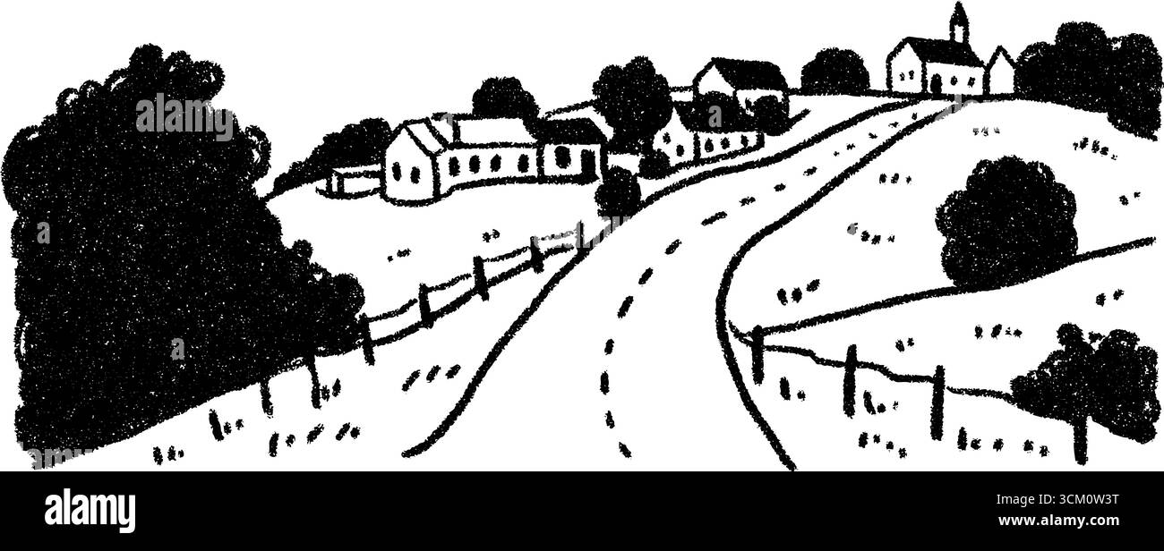 Charmante route de village avec des arbres et croquis de clôture pour la conception pittoresque. Illustration de Vecteur
