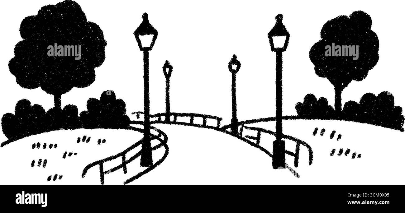 Scène de parc dessinée à la main avec des lampadaires et des clôtures pour la conception. Illustration de Vecteur