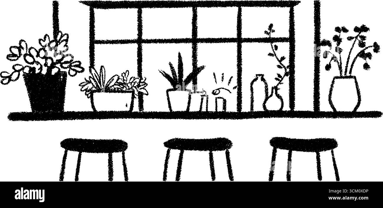 Croquis intérieur de café ensoleillé avec des pots de plantes pour un design créatif. Illustration de Vecteur