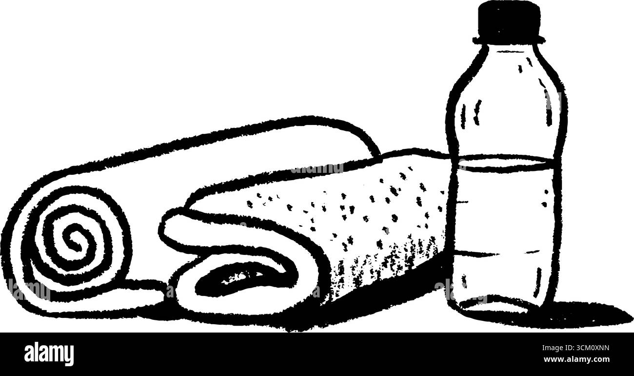 Essentiels de fitness : rouleau en mousse, serviette et bouteille d'eau pour la préparation de l'entraînement. Illustration de Vecteur
