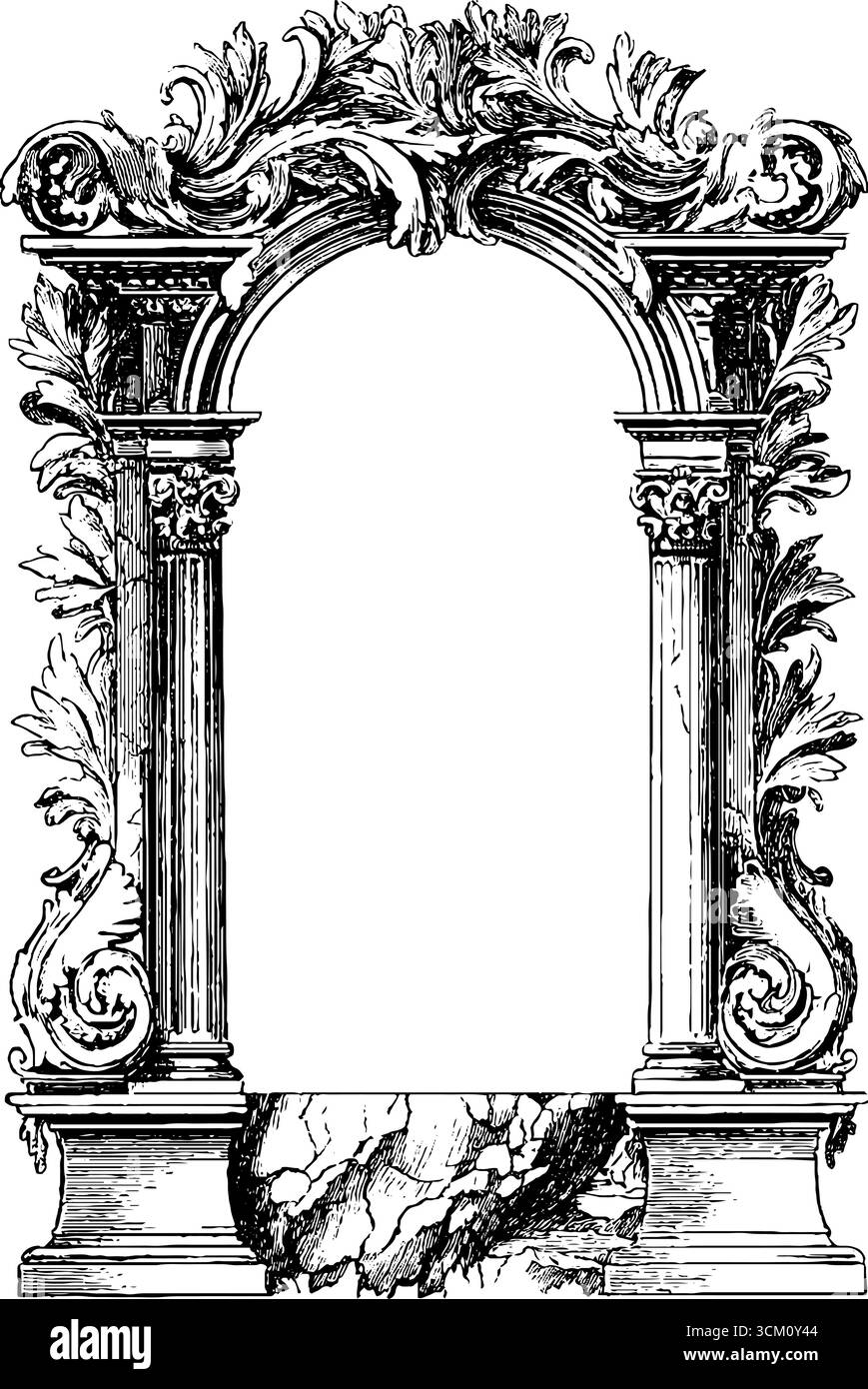 Cadre romain antique avec feuilles de laurier et conception de fissures de pierre pour un décor historique. Illustration de Vecteur