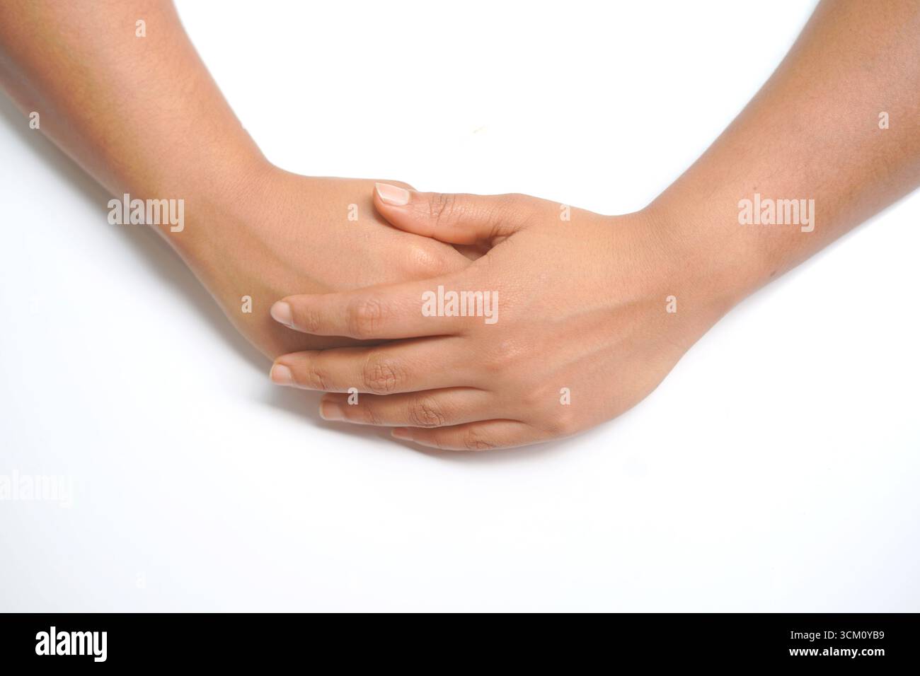 Femmes, Lady, fille tenant sa main sur fond blanc. Banque D'Images