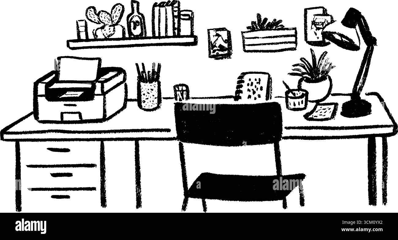 Petit croquis de bureau à domicile confortable avec imprimante et plantes. Illustration de Vecteur