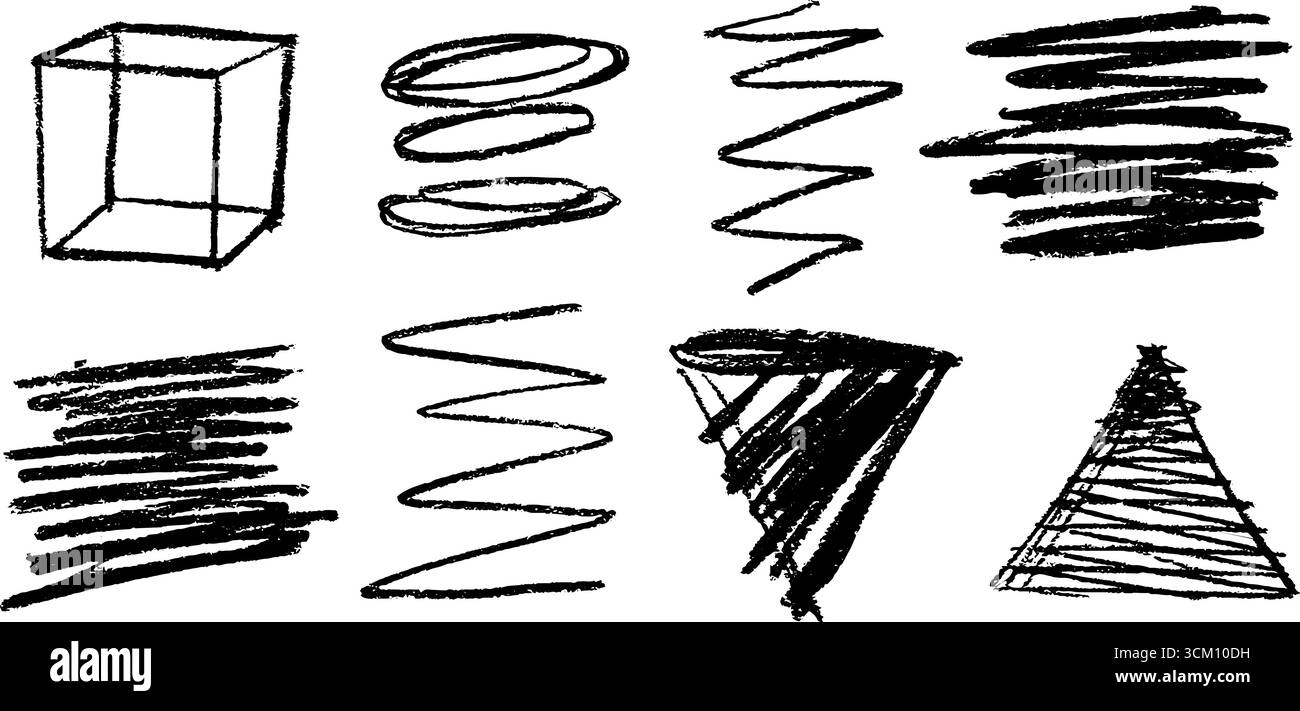 Croquis géométriques abstraits de cubes empilés et d'anneaux creux. Illustration de Vecteur