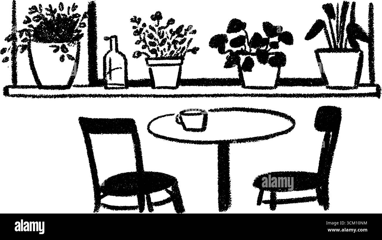 Croquis intérieur confortable de café avec pots de plantes ensoleillés pour une inspiration créative. Illustration de Vecteur