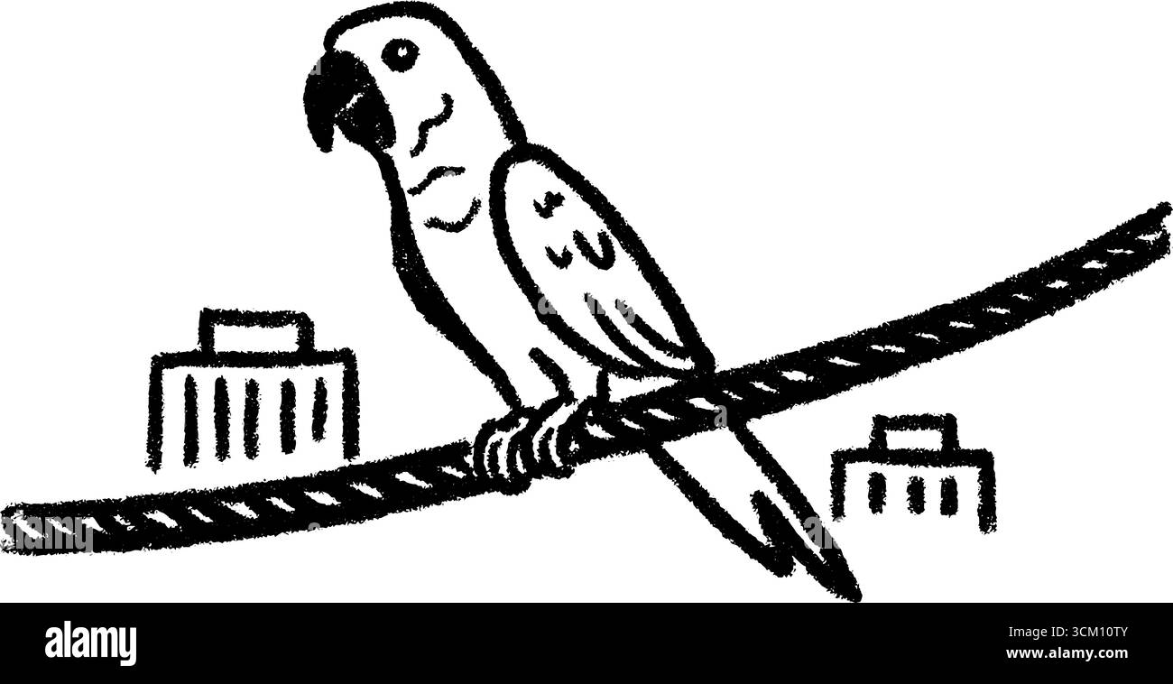 Perroquet calme assis sur un croquis de perche avec fond urbain. Illustration de Vecteur