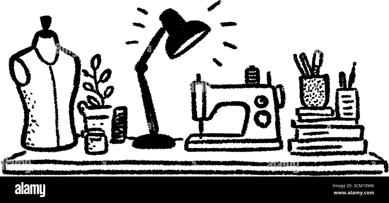 Croquis d'espace de travail de Tailor avec mannequin et outils de couture pour les projets de conception. Illustration de Vecteur