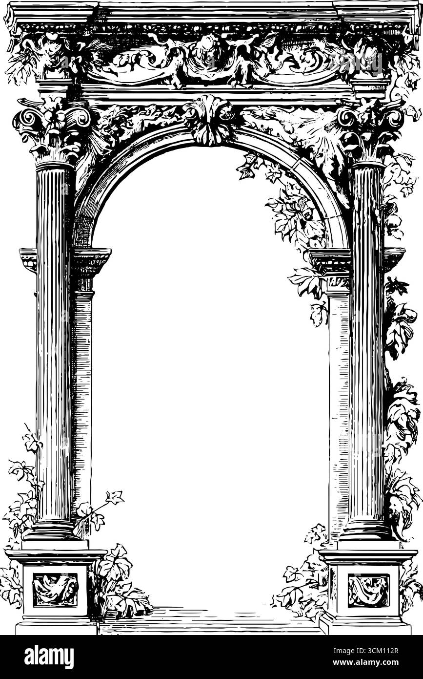 Arc romain vintage avec colonnes décoratives et lierre pour les projets de design rétro. Illustration de Vecteur