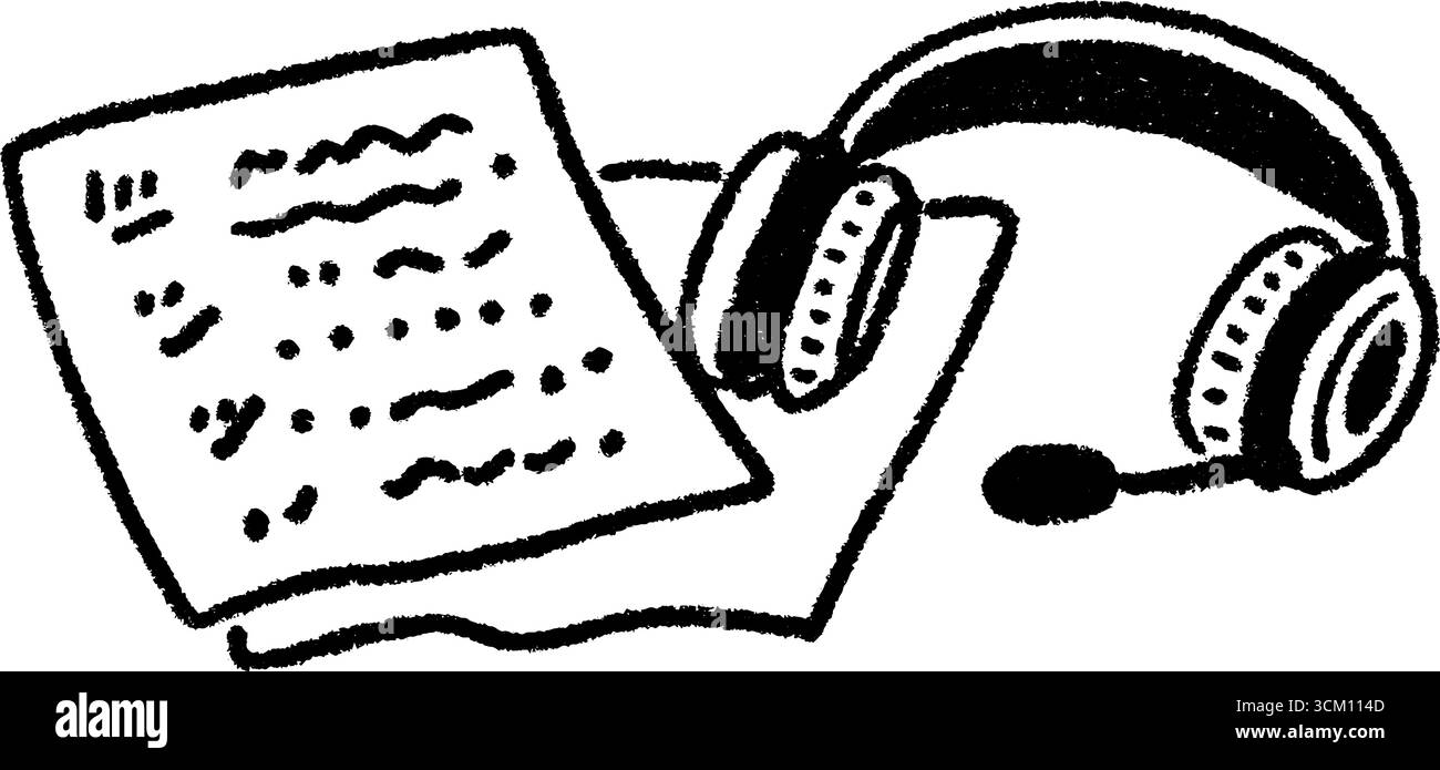 Espace de travail d'assistant virtuel avec casque et notes pour une conception créative. Illustration de Vecteur