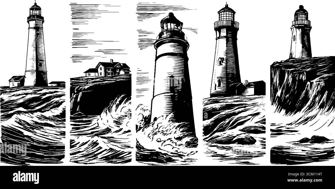 Phare côtier vintage et falaises croquis pour les projets de conception nautique. Illustration de Vecteur