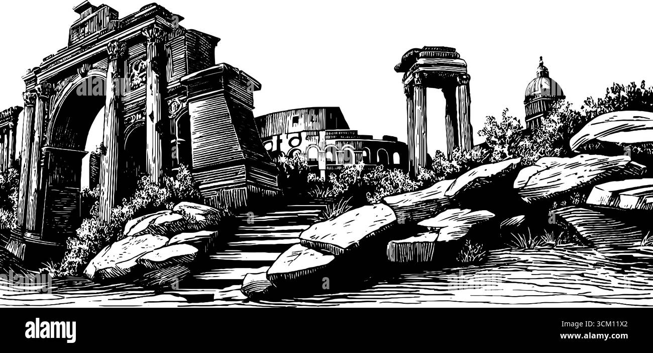 Ruines romaines antiques avec fragments d'aqueduc et croquis d'amphithéâtre pour la conception. Illustration de Vecteur