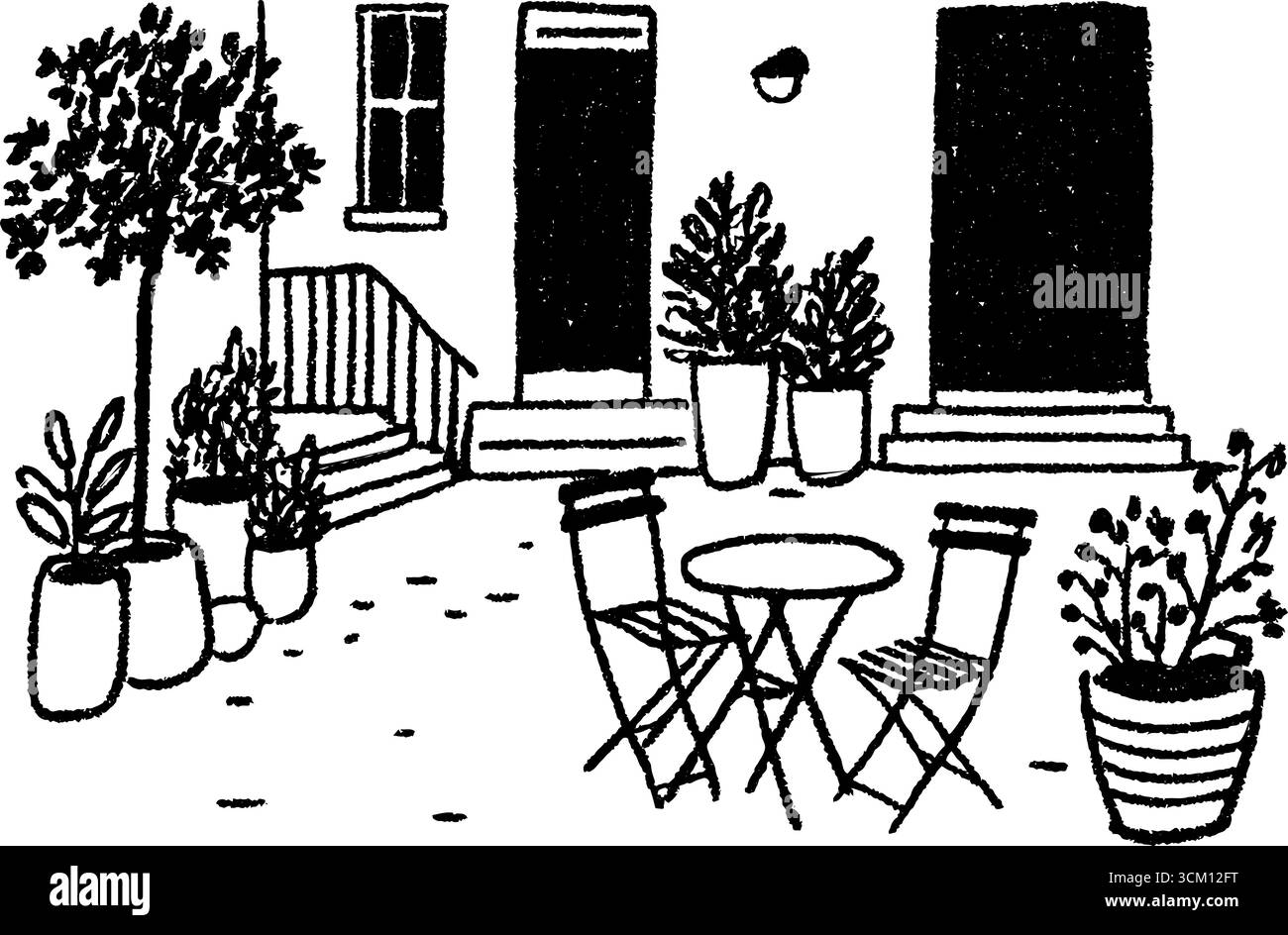 Café de rue en plein air avec tables et chaises en croquis urbain dessiné à la main. Illustration de Vecteur