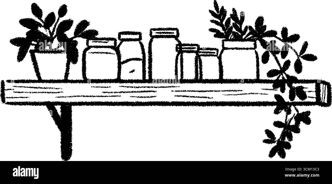 Étagère rustique avec des pots en verre et des herbes dessinent pour la conception de décoration intérieure. Illustration de Vecteur