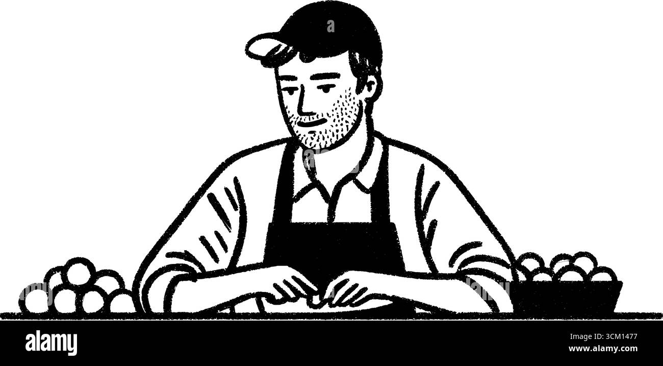 Travailleur de bar à jus tranchant des fruits dans un croquis de style craie pour la conception de café. Illustration de Vecteur