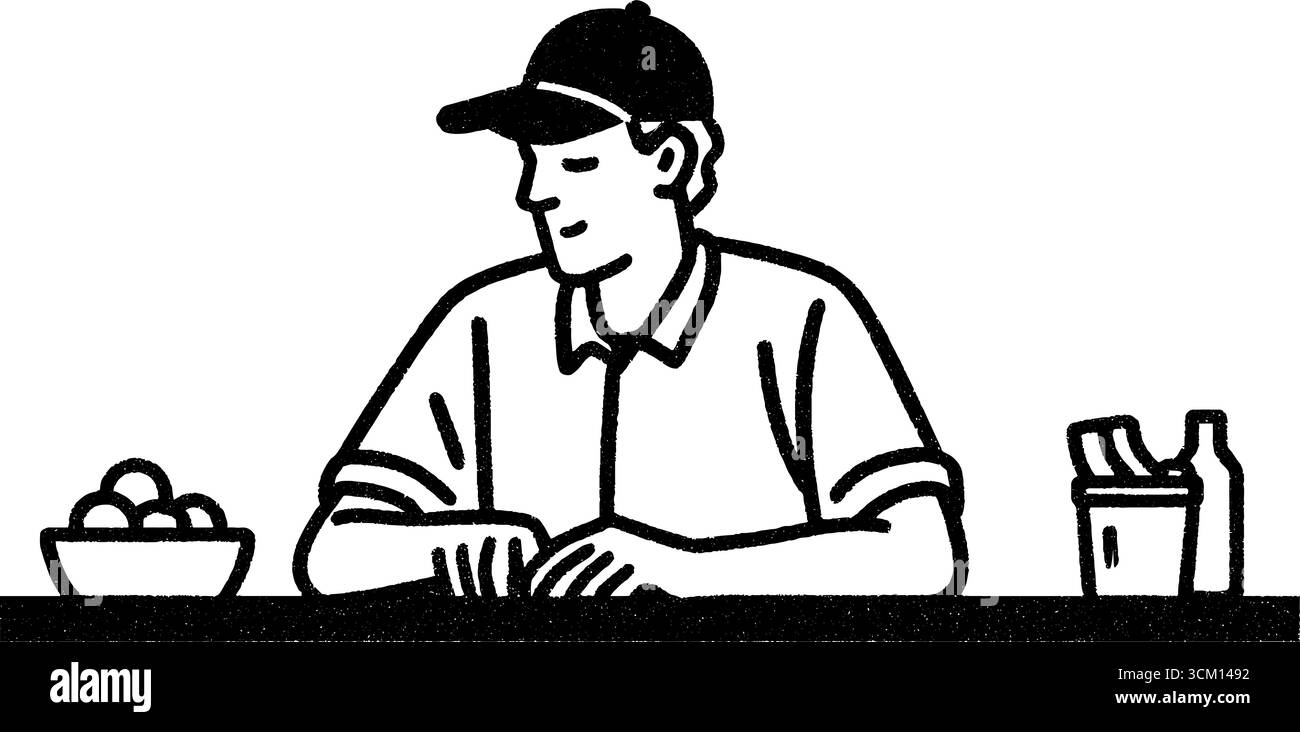 Travailleur de bar à jus tranchant les fruits - croquis dessiné à la main pour la conception de stand de boisson. Illustration de Vecteur