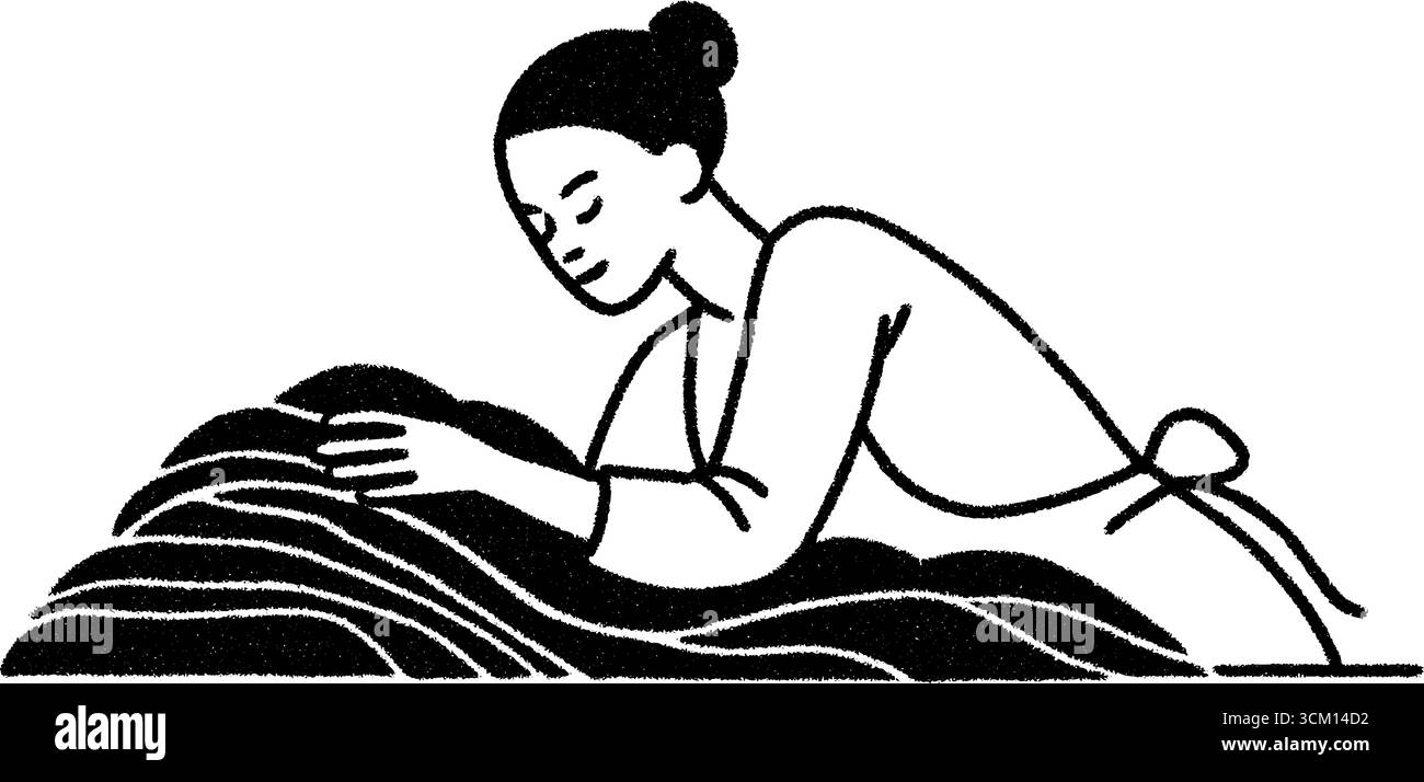 Femme de ménage de l'hôtel changeant les draps de lit dans un style minimaliste pour la conception de l'hospitalité. Illustration de Vecteur