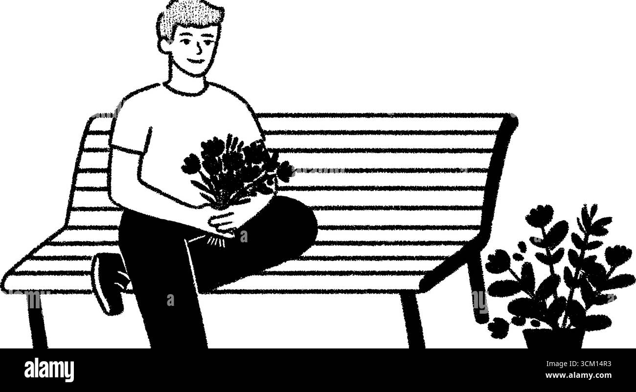 Moment romantique : partenaire attendant avec des fleurs sur un banc. Illustration de Vecteur