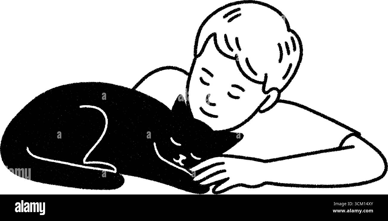 Moment tendre d'un enfant caressant un chat endormi - croquis coupé Illustration de Vecteur