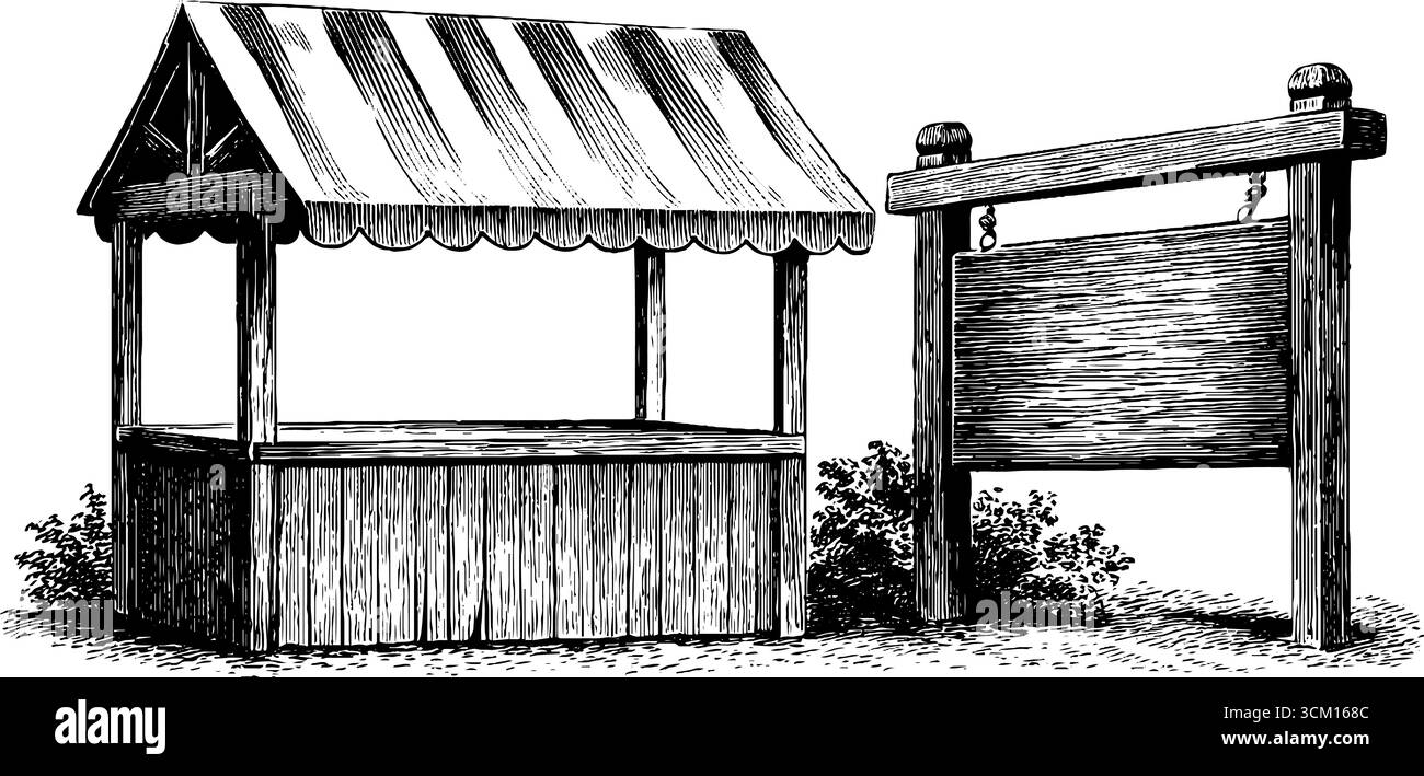 Baldaquin de stalle de marché vintage et croquis de panneau en bois pour un design rustique. Illustration de Vecteur