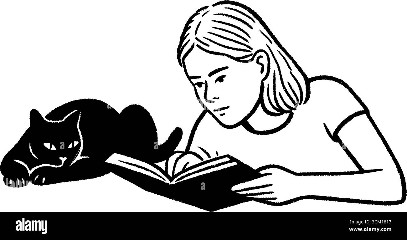 Fille lisant avec chat détendu - moment calme et confortable. Illustration de Vecteur