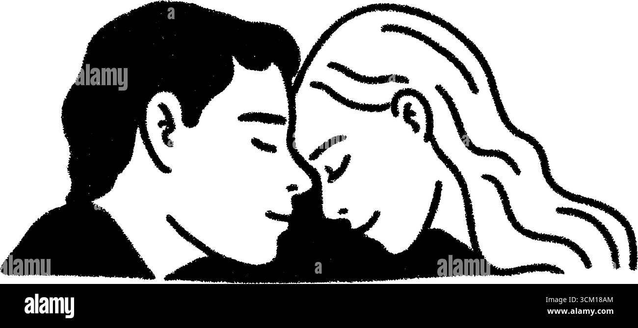 Moment romantique d'un couple penché pour un baiser - amour, dessin artistique, intimité. Illustration de Vecteur