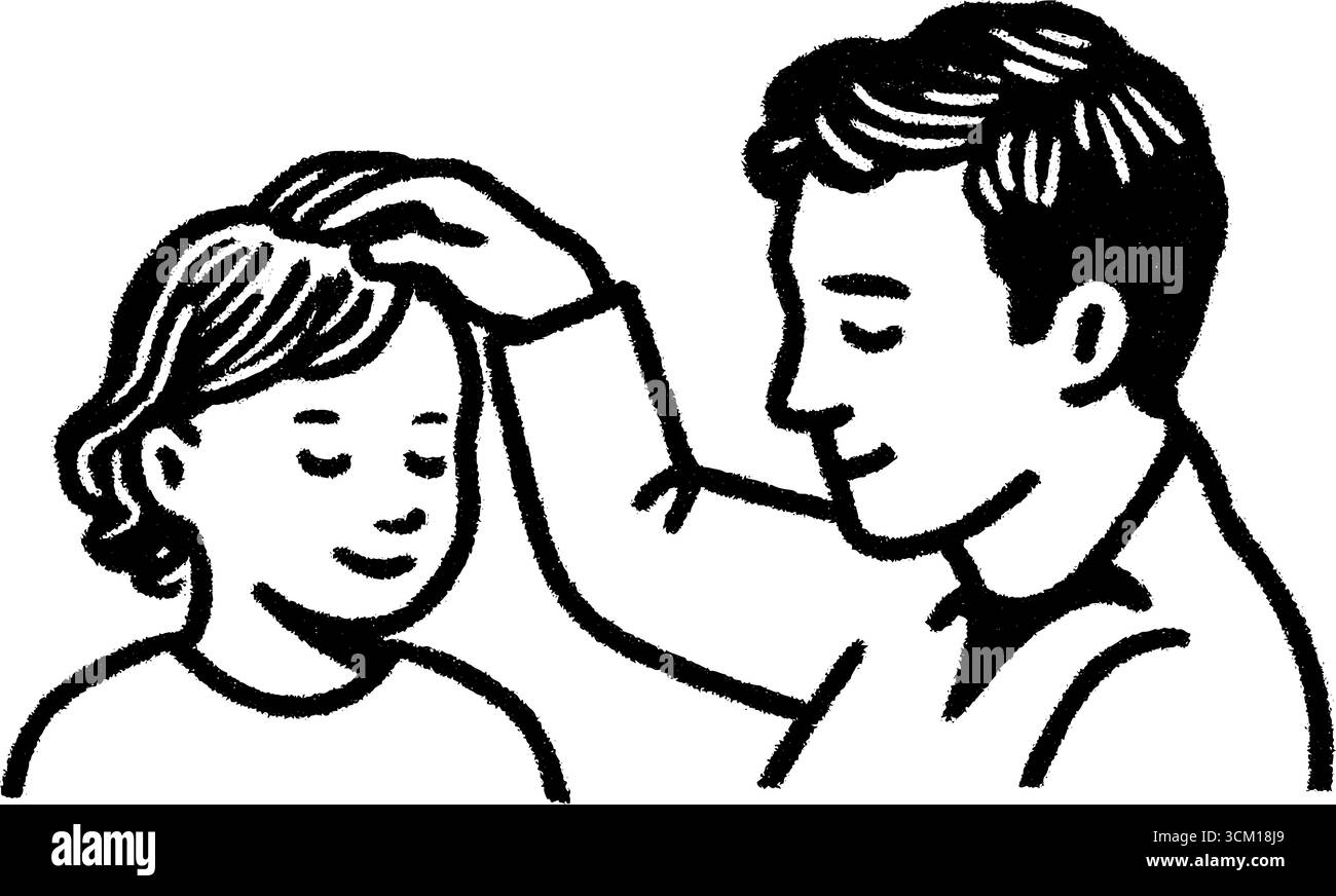 Parent brossant doucement le croquis de cheveux de l'enfant pour le thème de soins familiaux. Illustration de Vecteur
