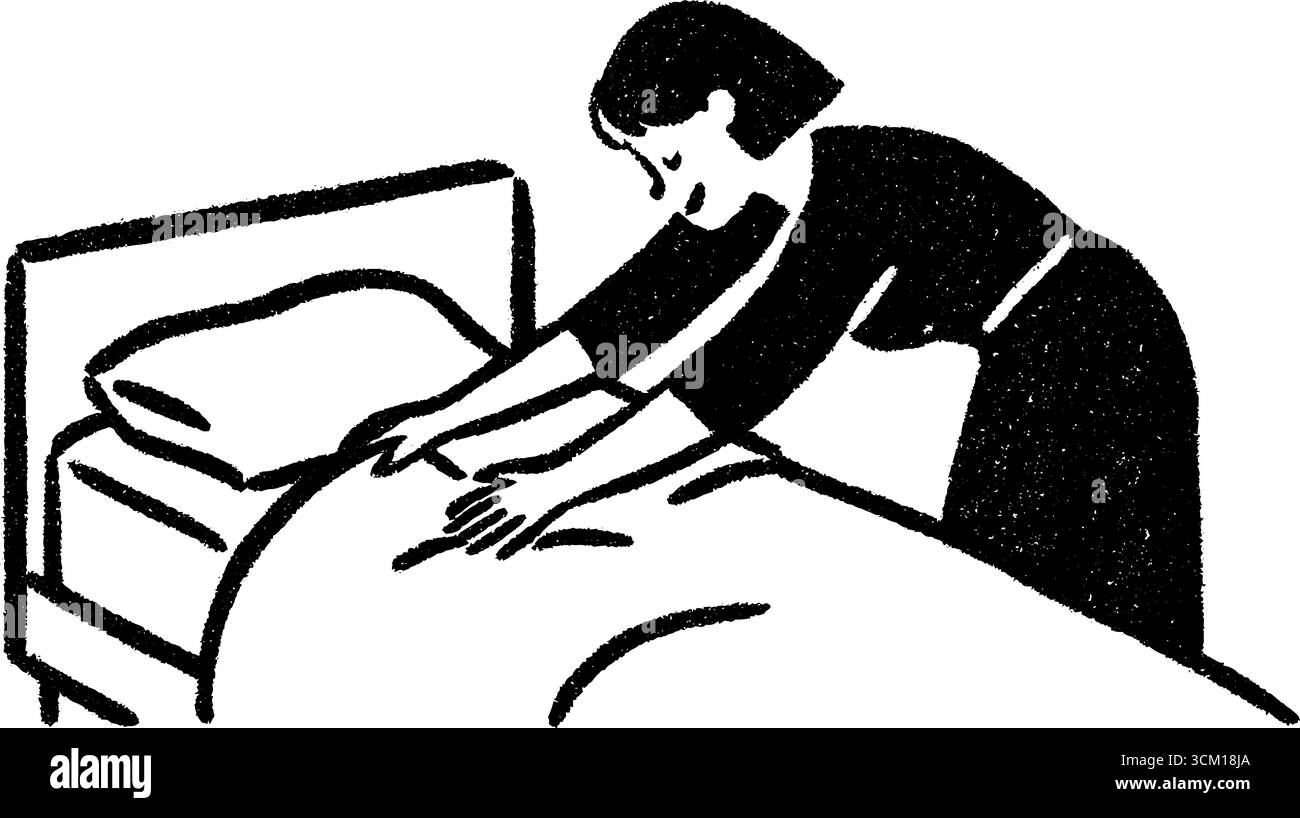Femme de ménage de l'hôtel changeant les draps de lit dans le style dessiné à la main pour les thèmes de l'hospitalité. Illustration de Vecteur