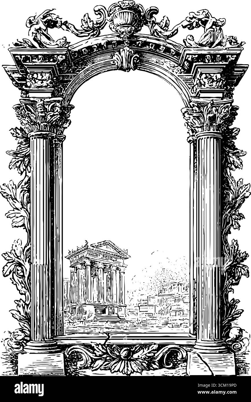 Ancienne arche romaine avec des feuilles de laurier et des fissures de pierre pour la conception historique. Illustration de Vecteur