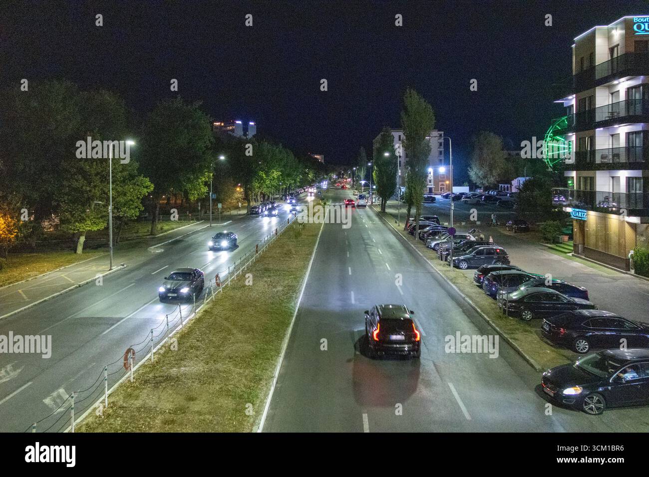Vue nocturne longue exposition d'une avenue de la ville avec des voitures en mouvement, des lampadaires et des arbres bordés Banque D'Images