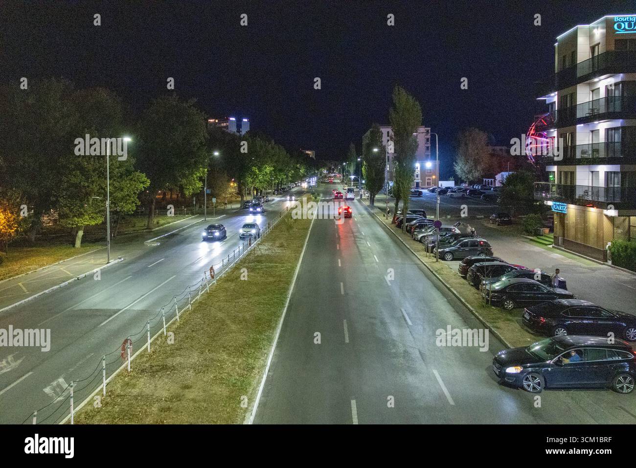Vue nocturne longue exposition d'une avenue de la ville avec des voitures en mouvement, des lampadaires et des arbres bordés Banque D'Images