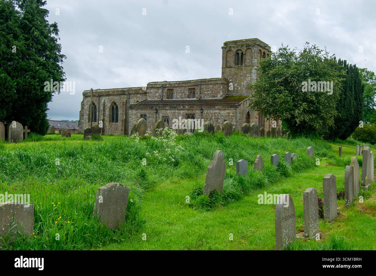 La façade en pierre altérée de l'église Sainte Marie la Vierge se dresse au milieu d'un cimetière vert sous un ciel nuageux à Leake, près de Thirsk. Banque D'Images